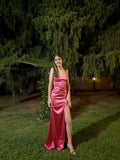 Modest Mermaid Square Neck Hot Pink Satin With Pleated Long Slit Tight Formal Gown Prom Dresses Evening Gowns HZ0311