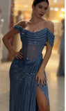 Sparkly Mermaid Off The Shoulder Blue Sequin Long Slit Evening Party Gowns Evening Dress Special Formal Dresses Prom Dress HZ0311