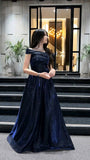 A Line Dark Navy Off-The-Shoulder Long Train Prom Dress Inspo Prom Gown HZ0311