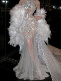 Sexy Mermaid High Neck Silver Sequin Wedding Dress With Beaded Fairytale Brides Gown Wedding Dresses HZ0311
