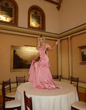 Sweet Mermaid Off The Shoulder Pink Satin Floor Length Prom Dresses Formal Dress Birthday Outfits Prom Gown HZ0311