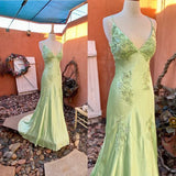 Pretty Mermaid V Neckline Green Satin Backless Evening Dress Prom Dresses With Beads HZ0311