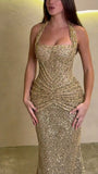 Modest Senior Prom Dresses High Schools Inspiration Mermaid Halter Gold Sequin With Pleated Semi Formal Grad Long Prom Dress For Teens HZ0311