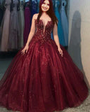 Chic Ball Gowns Prom Dress Women Strapless Burgundy Tulle Long Formal Dance Evening Party Gowns HZ0311