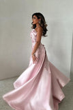 Women Elegant Pink A-Line Strapless Satin Party Dress with Appliques and Detachable Train Evening Gowns HZ0311