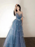 Gorgeous Blue Sparkly Tulle Beaded Prom Dress, Tiered Formal Gown with Rhinestone Party Gowns HZ0311