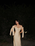 Pretty Mermaid Off The Shoulder Champagne Satin Prom Dresses Formal Dress 18th Birthday Outfits Prom Gown HZ0311
