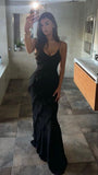 Black Chiffon Long Evening Prom Dresses, Custom Spaghetti Straps Prom Dresses HZ0311