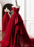 Chic Ball Gown Sweetheart Red Tulle Long Formal Fancy Prom Evening Dress Dinner Outfits Party Gowns For Teens HZ0311