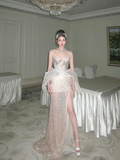 Sparkly Mermaid Sweetheart Champagne Slit Prom Dress Aesthetic Long Graduation Evening Outfits HZ0311