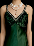 Vintage A Line V Neck Dark Green Satin Senior 80s Prom Dresses High School Long Formal Dress HZ0311