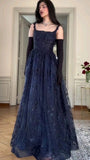 Unique A line Spaghetti Straps Navy Blue Long Prom Dresses Dark Blue Lace Formal Gown Inspo Evening Outfit HZ0311