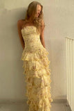 Classy Sheath Strapless Yellow Chiffon Floral Long Prom Dresses Party Dress 18th Birthday Outfits Graduation Dress HZ0311