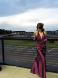 Vintage Mermaid Halter Grape Satin With Beads Women Party Dresses Long Formal Prom Dresses 22th Birthday Gown HZ0311