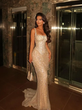 Sparkly Mermaid Square Neck Champagne Sequins Senior Prom Dresses High School Long Formal Dress HZ0311