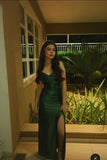 Sexy Mermaid Spaghetti Straps Slit Dark Emerald Green Long Prom Dresses Impress 18th Birthday Outfits Party Gown HZ0311