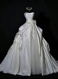 Romantic Women's Ball Gown Strapless 80s With Bow-knot Pleated White Satin Sweep Train Wedding Dresses HZ0311