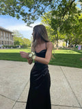 Simple Mermaid Spaghetti Straps Black Satin Floor Length Prom Dress Inspiration Long Prom Dresses HZ0311
