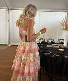Elegant A Line Spaghetti Straps Floral Print Ruffles Long Prom Dress Party Gowns HZ0311