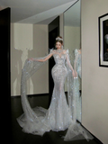 Shimmer Mermaid Long Sleeve Sequin Wedding Dress With Cape Feather Fairytale Brides Gown Wedding Dresses HZ0311