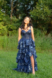 Sparkly Sleeveless Spaghetti Straps Sequins Ball Gown Navy Blue Prom Dresses HZ0311