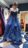 Modest Ball Gown Spaghetti Straps Navy Blue Tulle Long Prom Dress Evening Formal Gowns HZ0311