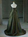 Graceful A line Strapless Green Satin Strapless Pleats Prom Dress Party Gowns HZ0311