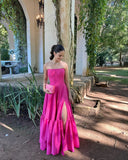 Graceful A line Strapless Hot Pink Slit Sleeveless Pleated Prom Dress Formal Evening Dress Party Gowns HZ0311