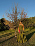 Chic A line Strapless Olive Green Satin Basque Waist Corset Sleeveless Evening Formal Prom Dresses HZ0311