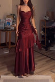 Elegant Mermaid Spaghetti Straps Burgundy Chiffon Long Prom Dress Formal Evening Dresses HZ0311