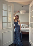 Mermaid V-neck Sheath Long Prom Dresses Fine Glitter Navy Blue Long Formal Dresses HZ0311