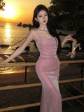 Modest Mermaid Spaghetti Strap Pink Sequin Evening Dresses Slit High School Teens Senior Night Dance Prom Outfits HZ0311