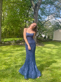 Sexy Mermaid Spaghetti Straps Sleeveless Navy Blue Long Formal Dresses Lace Prom Dress HZ0311