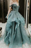 Modest Ball Gown Off The Shoulder Green Tulle Lace Prom Dresses With Sleeves Party Dress Evening Dresses HZ0311