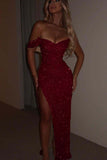 Glamorous Sequins One Shoulder Spaghetti Strap Long Pleated Prom Dress with Split Evening Dress HZ0311