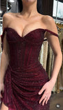 Glamorous Dark Off The Shoulder Burgundy Sequined Long Slit Prom Dresses Mermaid With Beads HZ0311