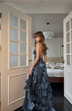 Mermaid V-neck Sheath Long Prom Dresses Fine Glitter Navy Blue Long Formal Dresses HZ0311
