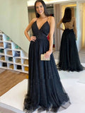 Sexy A line Backless Deep V neck Long Evening Prom Dresses HZ0311