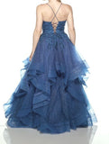 Ball Gown Blue V-neck Tulle Appliques Sequins Long Prom Dress Spaghetti Strap Evening Dress Birthday Gowns HZ0311