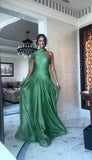 Elegant A Line One Shoulder Green Satin Sleeveless Long Prom Dresses Classy Prom Party Gowns HZ0311