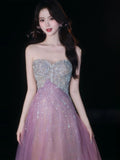 Glittery A Line Sweetheart Tulle Sequins Sleeveless Lilac Prom Dresses Inspiration Long Night Outfits Birthday Outfits HZ0311