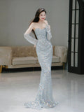 Glitter Mermaid Sweetheart Silver Gray Sequins With Gloves Prom Dresses Inspiration Long Night Outfits 18th Birthday Outfits HZ0311