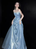 Glittery A Line Strapless Light Blue Sleeveless Prom Dresses Inspiration Long Night Outfits Birthday Outfits HZ0311