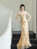 Glitter Mermaid Strapless Gold Sleeveless Prom Dresses Inspiration Long Night Outfits 18th Birthday Outfits HZ0311