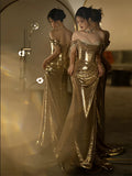Mermaid Off The Shoulder Gold Sequin Short Sleeves Prom Dresses Inspiration Long Night Outfits Birthday Outfit HZ0311