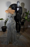 Glittery Mermaid Sweetheart Prom Dresses Silver Sequin Beaded Crystals Long Formal Evening Party Gown HZ0311