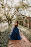 Modest Ball Gown Sweetheart Navy Blue Tulle Long Prom Dress Evening Formal Gowns HZ0311