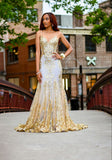 Classy Mermaid Spaghetti Straps Gold Sequin Inspo For Black Women Girls Formal Party Gowns Long Prom Dresses HZ0311