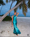 Simple Mermaid High Neck Blue Silk Satin Long Prom Dresses Inspiration Evening Gowns For Women Formal Party Prom Dress HZ0311