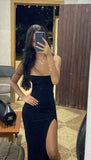 Simple Mermaid Spaghetti Straps Black Slit Floor Length Prom Dress Inspiration Long Prom Dresses HZ0311